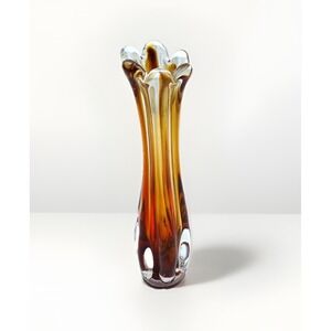 Vintage French Mid Century Streaked Swung Bud Glass Amber Red  Bud Vase Retro